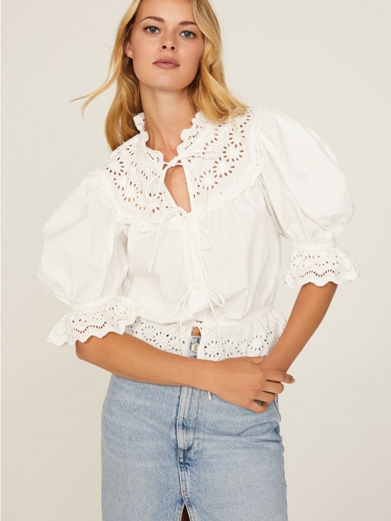 Sea New York Tops - Sea New York White Eyelet Tie-Front Puff Sleeve Blouse